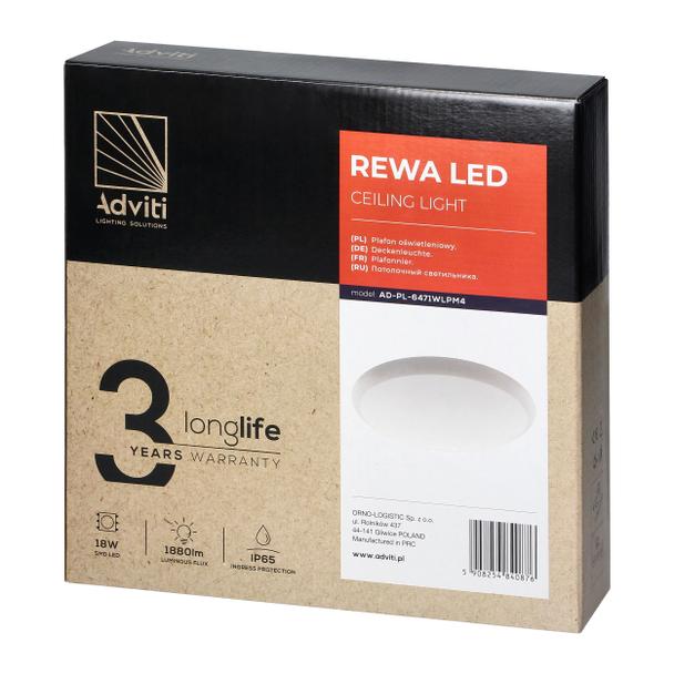 REWA plafon LED 18W, 1880 lm, 4000K, klosz PC, IP65