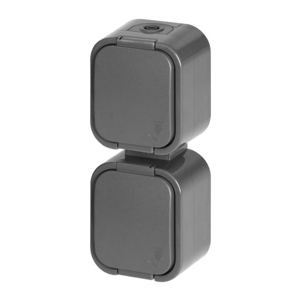 Gniazdo podwójne natynkowe 2x2P+Z, bryzgoszczelne z klapką, pionowe B2, IP54, NT-6B2/P, szary