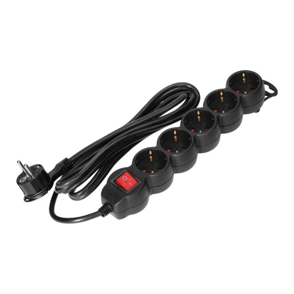 Przedłużacz 5-krotny 2P+Z (Schuko) z wyłącznikiem, 1,5m H05VV-F 3x1,5mm2, Imax=16A, płaska wtyczka,