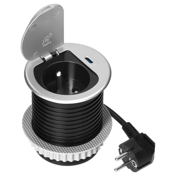 Gniazdo meblowe O6cm wpuszczane w blat z pokrywką, ładowarką USB i przewodem 1,9m, 1x2P+Z (French),