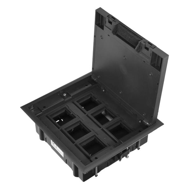 Puszka podłogowa na gniazda modułowe 6 x 45x45mm lub 12 x 22,5x45mm, pokrywa: materiał własny, czarn