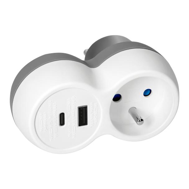 Rozgałęźnik 2P+Z, USB-A+C, biało-szary