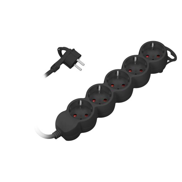 Przedłużacz 5-krotny 2P+Z (Schuko), 3m H05VV-F 3x1,5mm2, Imax=16A, płaska wtyczka, czarny