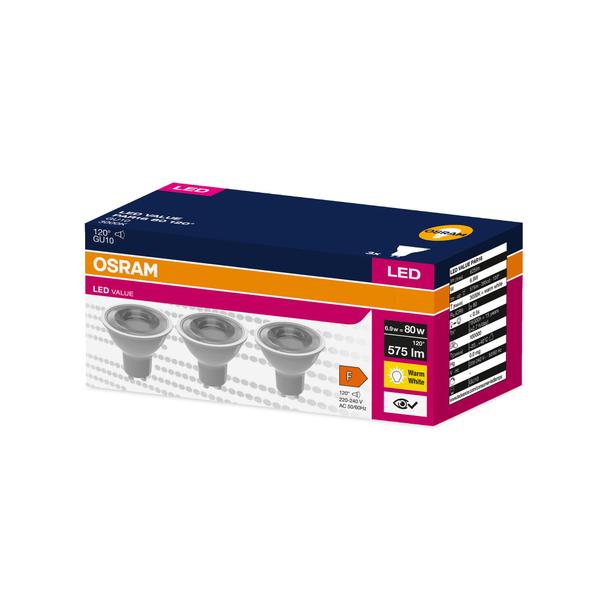 Żarówka LED x3 PAR16 Reflektor GU10 6.9W = 50W 575lm 3000K Ciepła 120° VALUE Osram