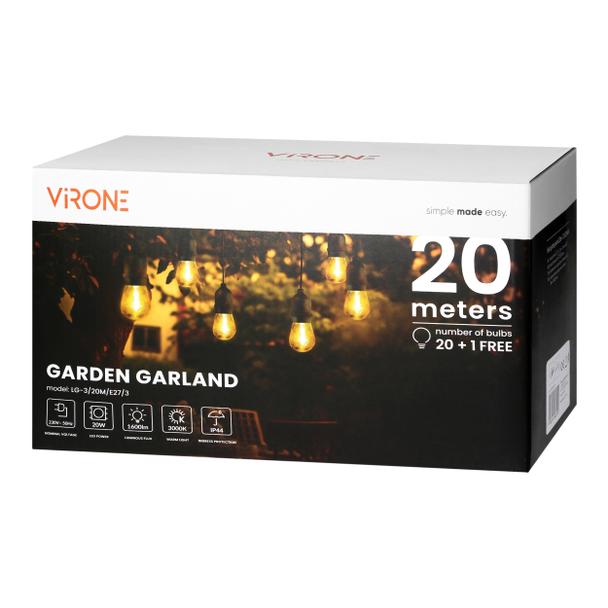 Girlanda oświetleniowa - 1 sznur 20 m (20 opraw) + 20 żarówek LED 1W E27, 3000K + 1 żarówka gratis
