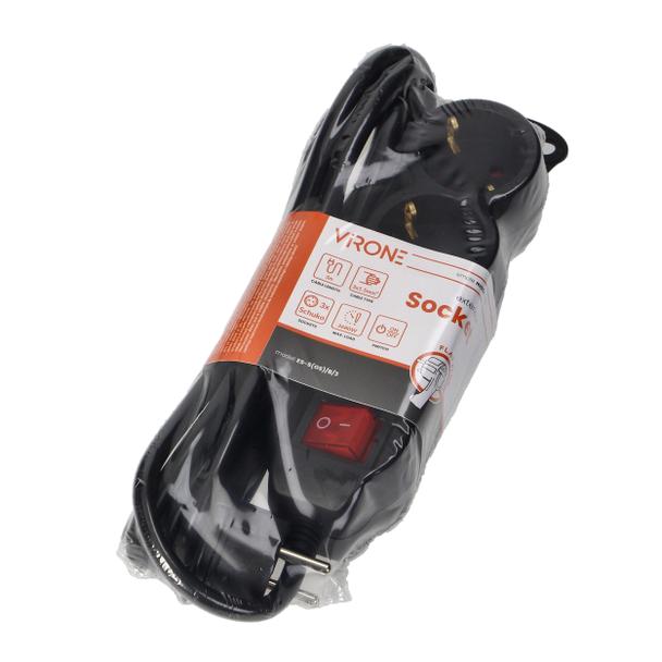 Przedłużacz 3-krotny 2P+Z (Schuko) , z wyłącznikiem, 3m H05VV-F 3x1,5mm2, Imax=16A, płaska wtyczka,
