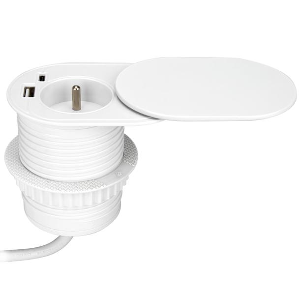 Gniazdo meblowe O6cm, wpuszczane w blat z przesuwną pokrywką, ładowarką USB i przewodem 1,9m, 1x2P+Z