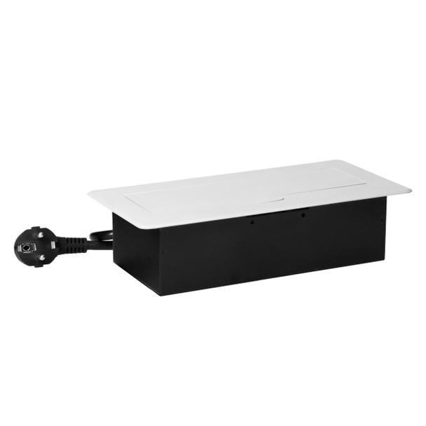 Gniazdo meblowe wpuszczane w blat z płaskim frezowanym rantem, ładowarką USB i przewodem 1,5m, 2x2P+
