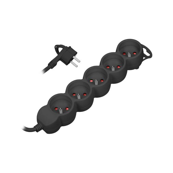 Przedłużacz 5-krotny 2P+Z, 3m H05VV-F 3x1,5mm2, Imax=16A, płaska wtyczka, czarny