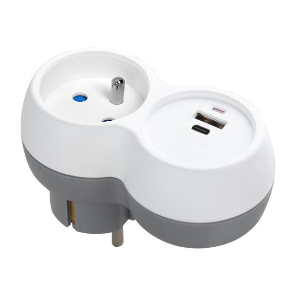 Rozgałęźnik 2P+Z, USB-A+C, biało-szary