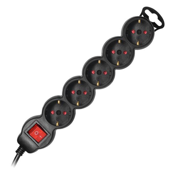 Przedłużacz 5-krotny 2P+Z (Schuko), z wyłącznikiem, 3m H05VV-F 3x1,5mm2, Imax=16A, płaska wtyczka, c