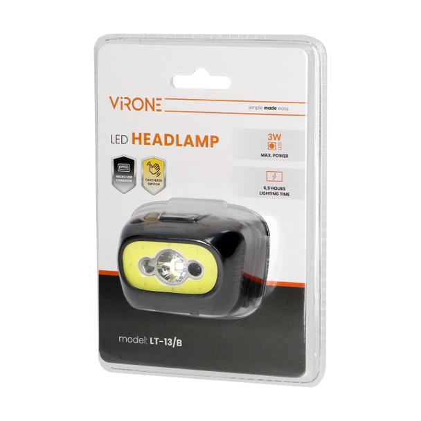 Latarka czołowa COB+LED, ładowanie USB, czujnik ruchu, czarna