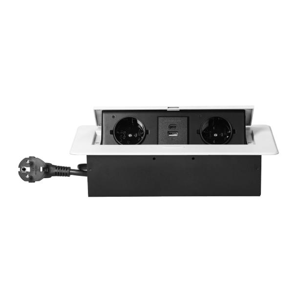 Gniazdo meblowe wpuszczane w blat z płaskim frezowanym rantem, ładowarką USB i przewodem 1,5m, 2x2P+
