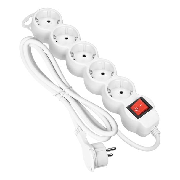 Przedłużacz 5-krotny 2P+Z (Schuko), z wyłącznikiem, 5m H05VV-F 3x1,5mm2, Imax=16A, płaska wtyczka, b