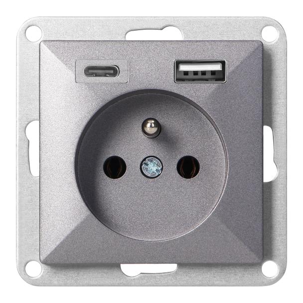 Gniazdo pojedyncze podtynkowe 2P+Z z ładowarką USB A+C Pearl, 16A, 250V, PT-16P/USB, antracyt OR-OE-7705/USBAC/A ORNO