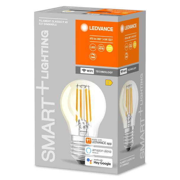 Żarówka LED E27 P40 4W = 40W 2700K Ciepła 470lm 300° Filament SMART+ WIFI Ściemnialna 4058075609792 LEDVANCE