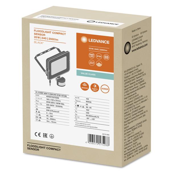 Naświetlacz LED FLOOD COMPACT SENSOR V 20W 840 SYM 100 BK 4058075575288 LEDVANCE