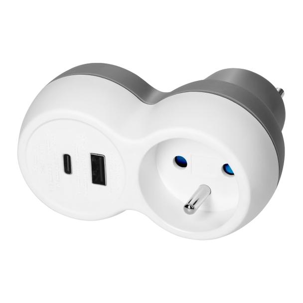 Rozgałęźnik 2P+Z, USB-A+C, biało-szary