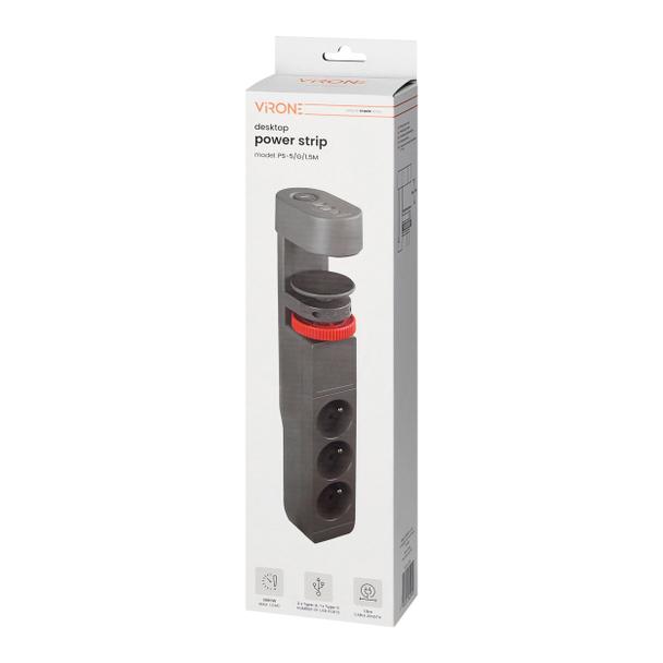Przedłużacz biurkowy 3-krotny 2P+Z, 1,5M H05VV-F 3x1,5mm2, 2xUSB+1 typu C