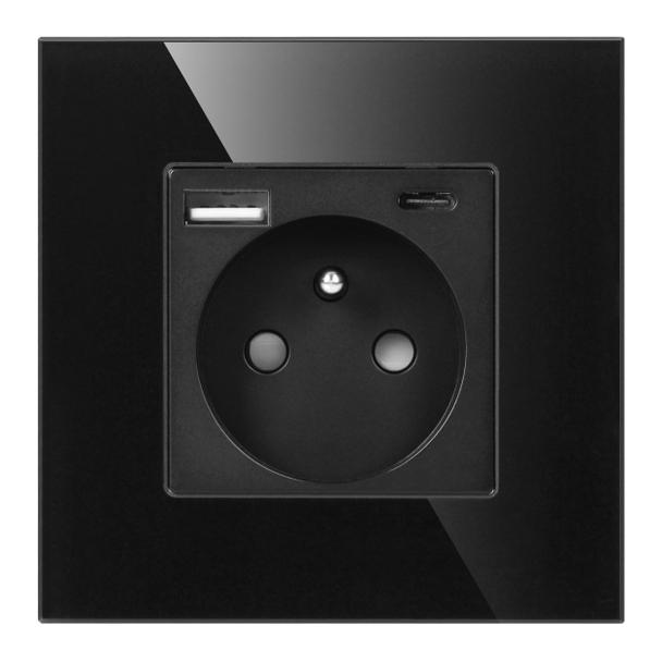 Gniazdo pojedyncze 2P+Z, USB-A + USB-C, PD, max. 20W, czarny