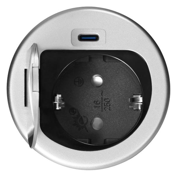 Gniazdo meblowe O6cm wpuszczane w blat z pokrywką, ładowarką USB i przewodem 1,9m, 1x2P+Z (Schuko),