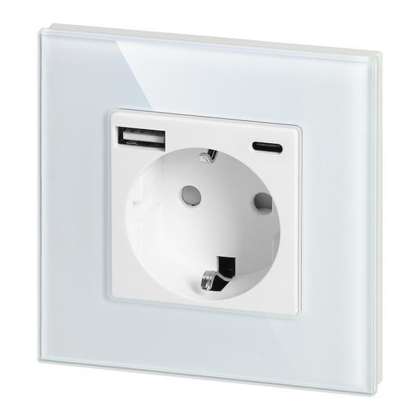 Gniazdo pojedyncze 2P+Z, Schuko, USB-A + USB-C, wyjście 5VDC max. 3A, biały