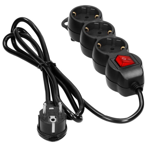 Przedłużacz 3-krotny 2P+Z (Schuko), z wyłącznikiem, 1,5m H05VV-F 3x1,5mm2, Imax=16A, płaska wtyczka,