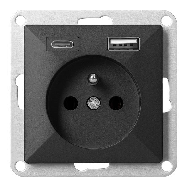 Gniazdo pojedyncze podtynkowe 2P+Z z ładowarką USB A+C Pearl, 16A, 250V, PT-16P/USB, czarny