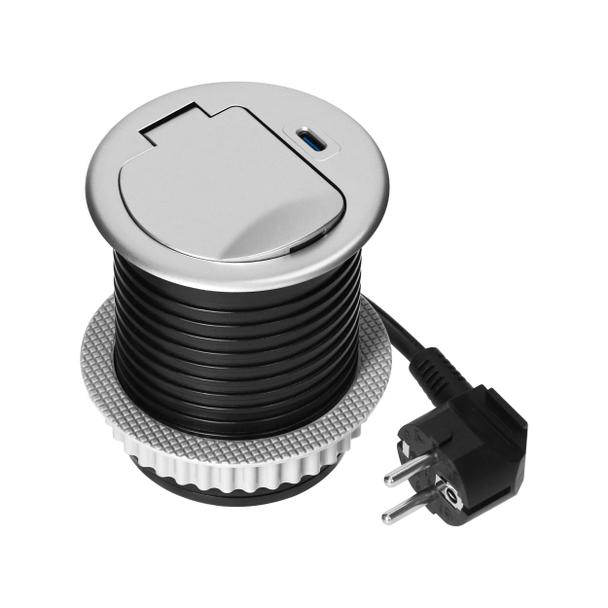 Gniazdo meblowe O6cm wpuszczane w blat z pokrywką, ładowarką USB i przewodem 1,9m, 1x2P+Z (Schuko),