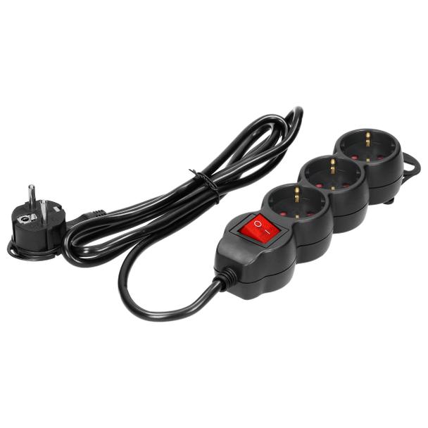 Przedłużacz 3-krotny 2P+Z (Schuko), z wyłącznikiem, 1,5m H05VV-F 3x1,5mm2, Imax=16A, płaska wtyczka,