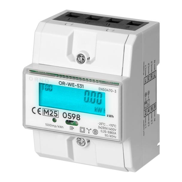 3-fazowy licznik energii elektrycznej, 80A, MID, 3 moduły, DIN TH-35mm