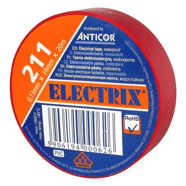ELECTRIX 211 taśma elektroizolacyjna 0,13 mm x 19 mm x 20 m czerwona