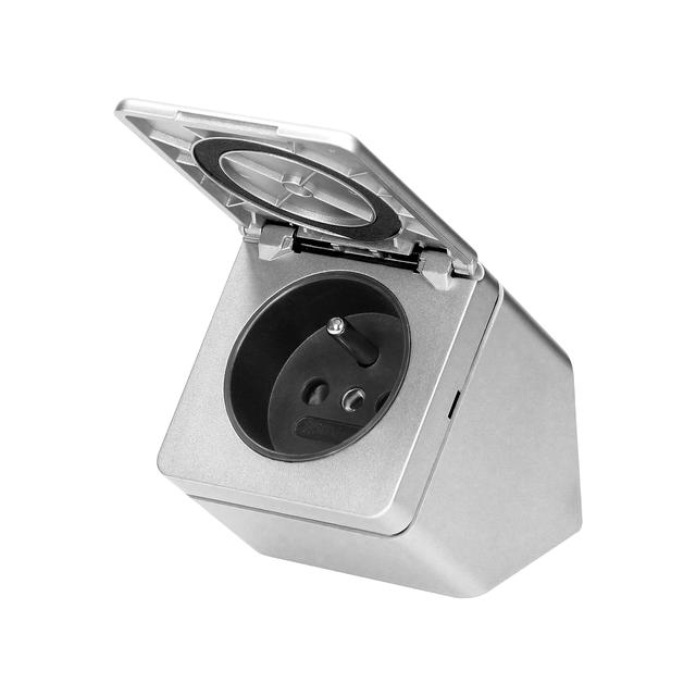 Gniazdo meblowe podszafkowe z klapką, IP44, 1x2P+Z, srebrne
