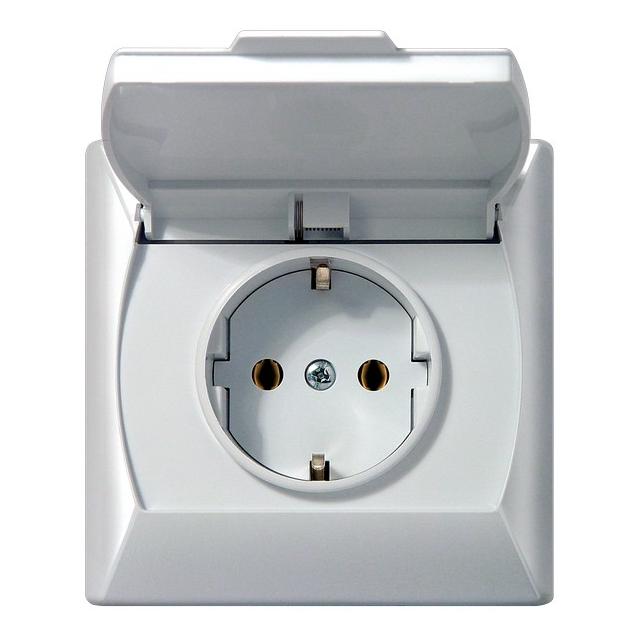 AKCENT Gniazdo bryzgoszczelne z uziemieniem schuko IP-44 wieczko w kolorze wyrobu - kolor biały