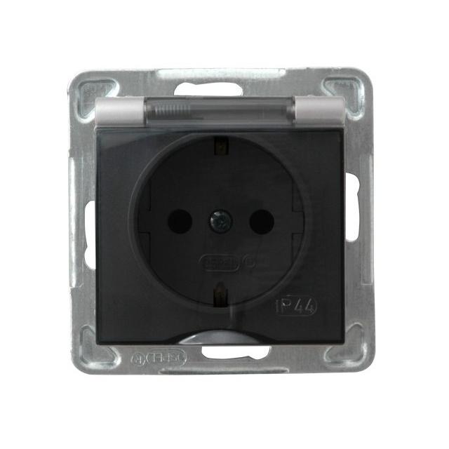 IMPRESJA Gniazdo bryzgoszczelne z uziemieniem schuko IP-44 wieczko przezroczyste - kolor srebro