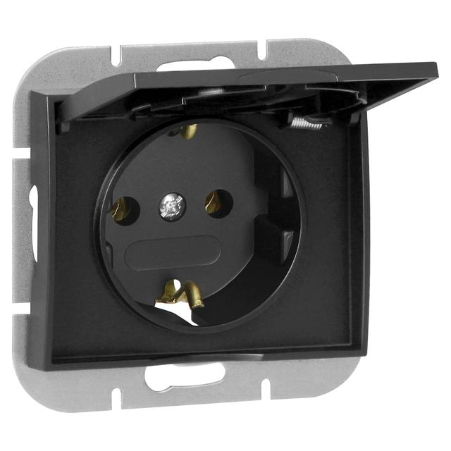 Gniazdo pojedyncze podtynkowe 2P+Z Schuko bryzgoszczelne z klapką Onyx, 16A, 250V, PT-17OH, czarny