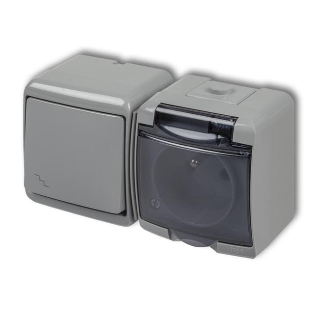 JUNIOR Łącznik schodowyz gniazdem pojedynczym z uziemieniem 2P+Z (klapka dymna; przesłony torów prąd