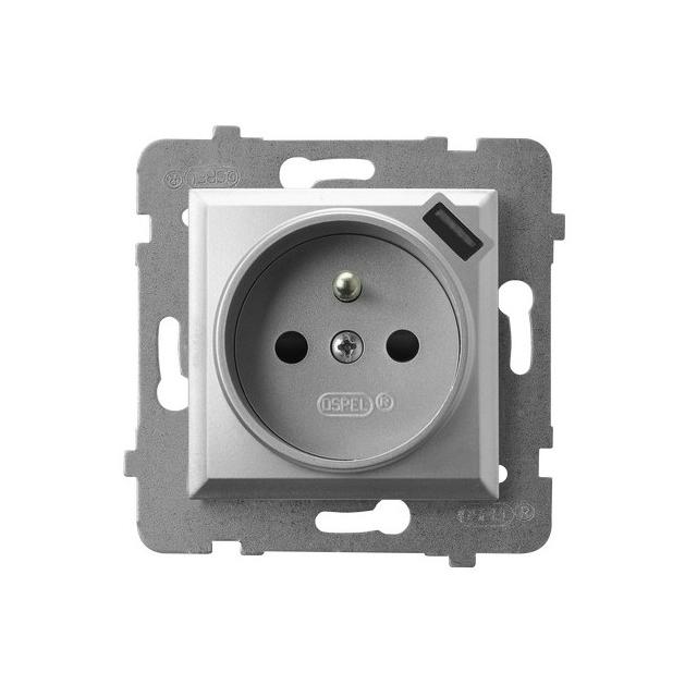 ARIA Gniazdo pojedyncze z uziemieniem z przesłonami torów prądowych, z ładowarką USB - kolor srebro