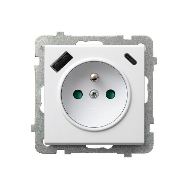 Gniazdo pojedyncze z uziemieniem z ładowarką A+C SONATA BIAŁY MAT