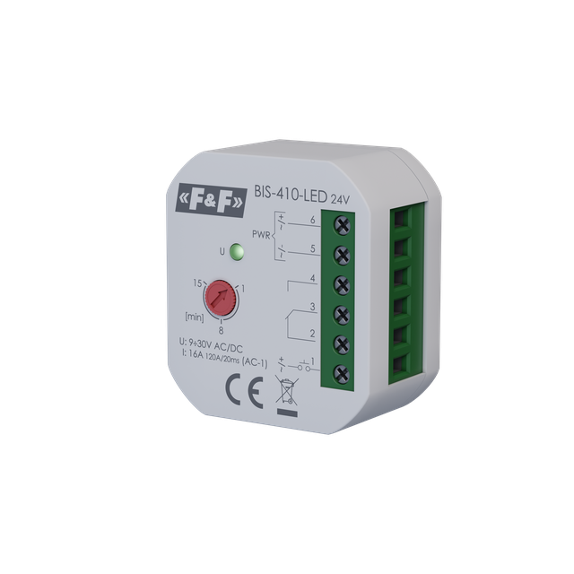 Przekaźnik bistabilny podtynkowy z wyłącznikiem czasowym 9-30 V AC/DC do podświetlanych przycisków z przekaźnikiem inrush BIS-410-LED-24V F&F