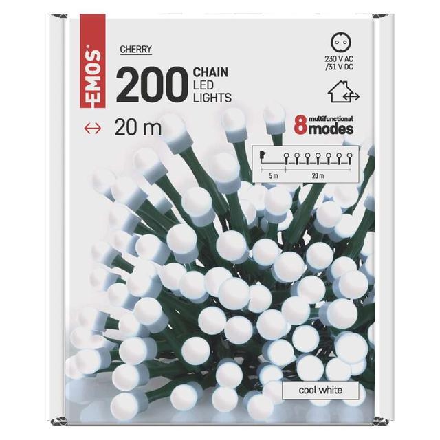 Lampki choinkowe 200 LED cherry 20m zimna biel zielony przewód 8 programów IP44 D5AC07 EMOS