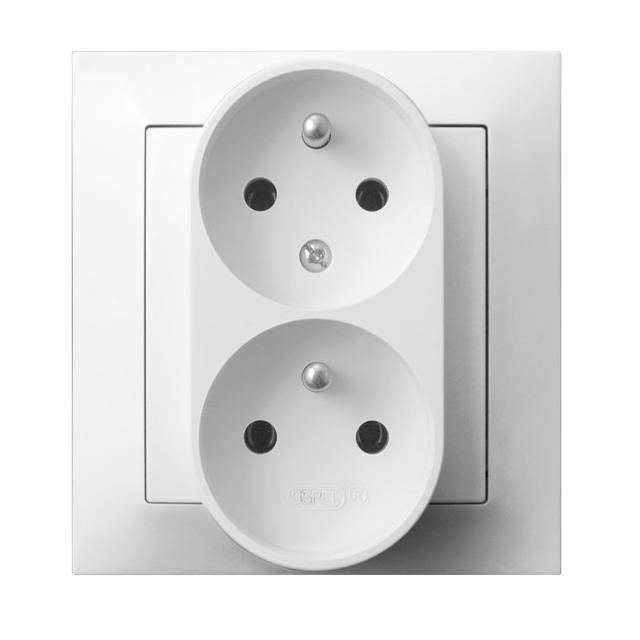 IMPRESJA Gniazdo podwójne z uziemieniem z funkcją niezamienności faz, kompletne z ramką - kolor biał