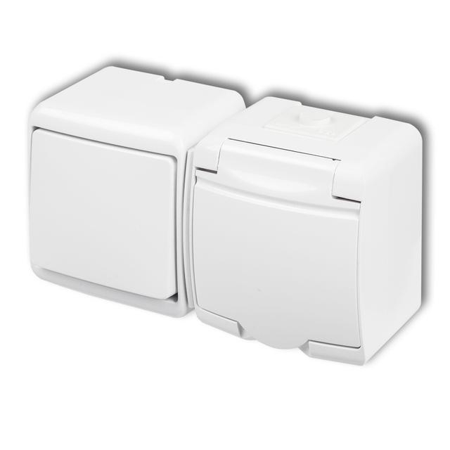 JUNIOR Łącznik jednobiegunowy z gniazdem pojedynczym z uziemieniem SCHUKO 2P+Z (klapka biała; przesł