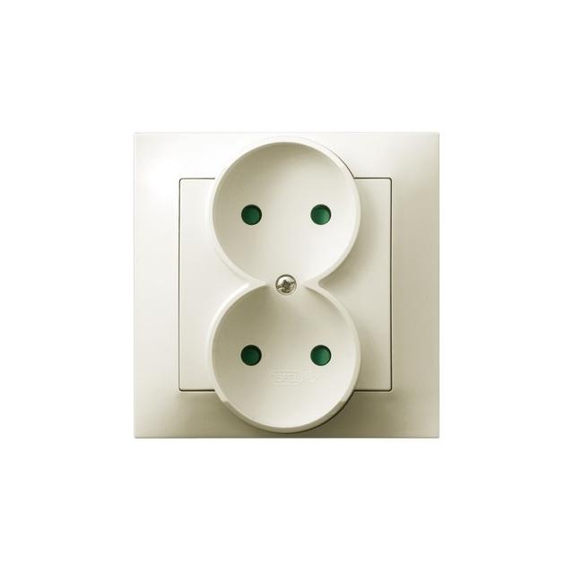 IMPRESJA Gniazdo podwójne z przesłonami torów prądowych, kompletne z ramką - kolor ecru