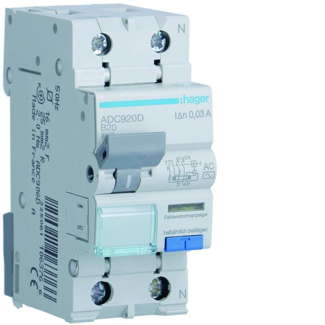RCBO Wyłącznik różnicowoprądowy z członem nadprądowym 1P+N 6kA B20A 30mA Typ AC ADC920D HAGER