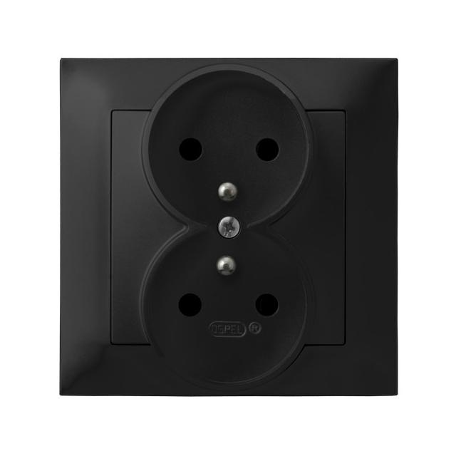 IMPRESJA Gniazdo podwójne z uziemieniem kompletne z ramką - kolor czarny metalik