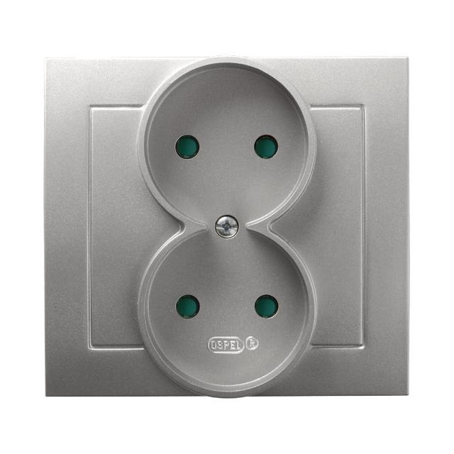 AS Gniazdo podwójne z przesłonami torów prądowych, kompletne z ramką - kolor srebro