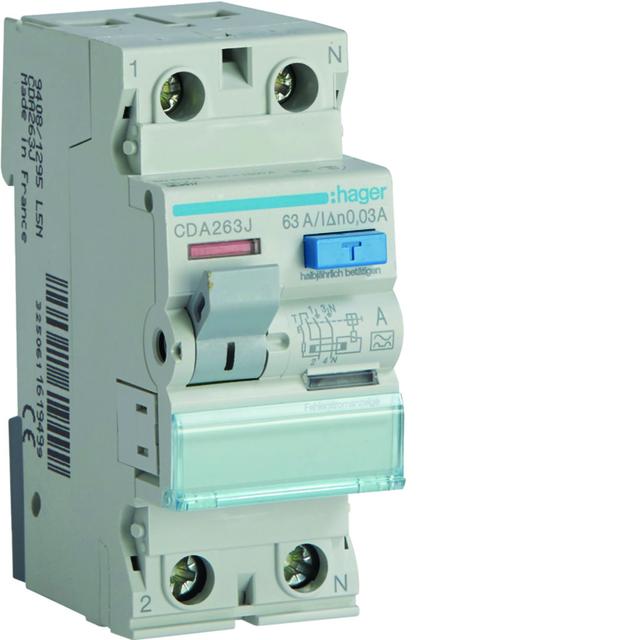 RCCB Wyłącznik różnicowoprądowy 1P+N 63A 30mA 6kA CDA263J HAGER
