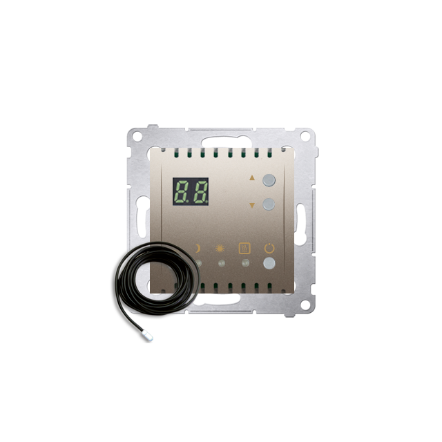 Simon 54 Regulator temperatury z wyświetlaczem z czujnikiem zewnętrznym 16(2) A 230V złoty mat *W ko