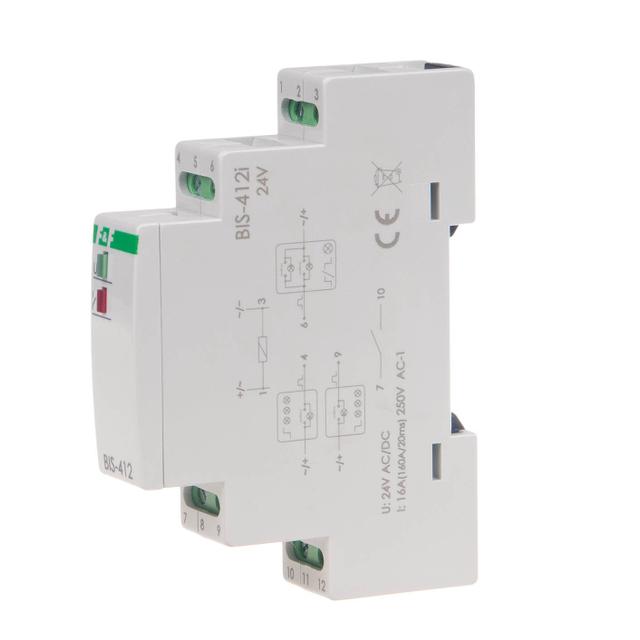 Przekaźnik bistabilny grupowy 9-30 V AC/DC na szynę DIN z przekaźnikiem inrush 160A/20ms BIS-412-LED-24V F&F
